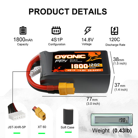 4×Ovonic 120C 4S 1800mAh 14.8V LiPo Battery Pack for FPV Racing with XT60 Plug for 5-6 inch FPV Racing Drones Freestyle Drones & Long-Range FPV