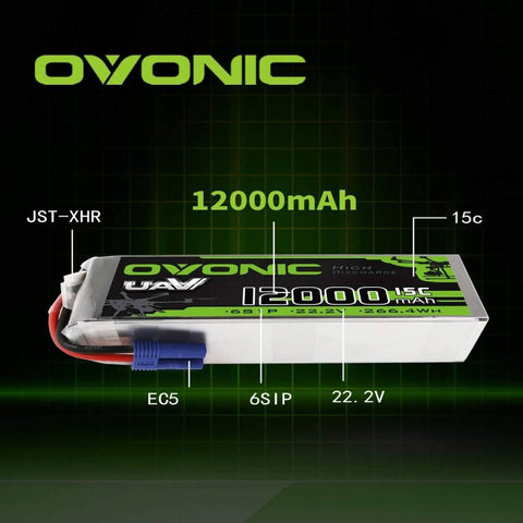 Ovonic 12000mAh 22.2V 6S 15C Lipo Battery with EC5 Plug for UAV Drone - Ampow