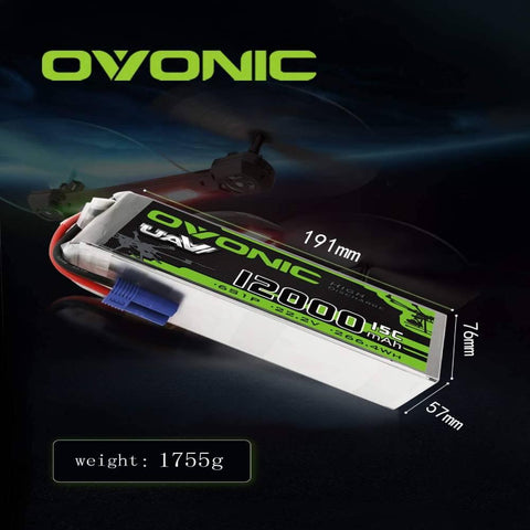 Ovonic 12000mAh 22.2V 6S 15C Lipo Battery with EC5 Plug for UAV Drone - Ampow