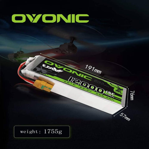 Ovonic 12000mAh 22.2V 6S 15C Lipo Battery with XT90 Plug for UAV Drone - Ampow