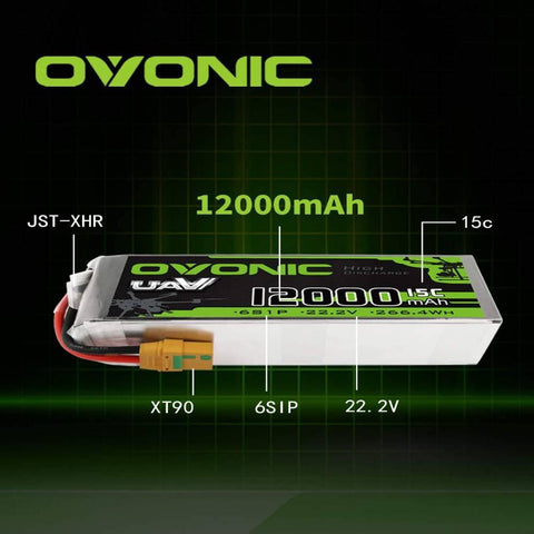 Ovonic 12000mAh 22.2V 6S 15C Lipo Battery with XT90 Plug for UAV Drone - Ampow