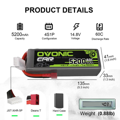 2x Ovonic 60C 4S1P 5200mAh 14.8V LiPo Battery for RC Car - XT60 Plug - Ampow