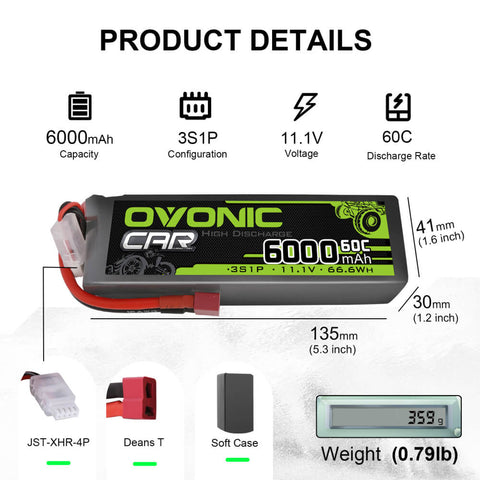 Ovonic 60C 3S1P 6000mAh 11.1V LiPo Battery for RC Car - XT60 Plug