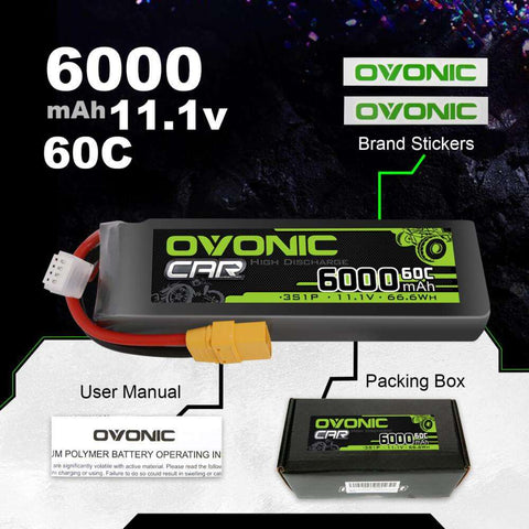 2x Ovonic 60C 3S1P 6000mAh 11.1V LiPo Battery for RC Car - XT90 Plug - Ampow