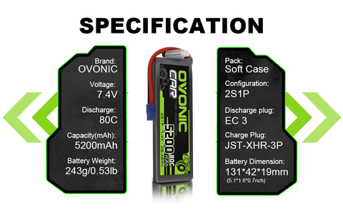 Ovonic 80C 2S1P 5200mAh 7.4V LiPo Battery for RC Car - EC3 Plug