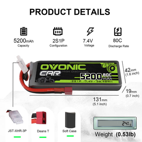 Ovonic 80C 2S1P 5200mAh 7.4V LiPo Battery for RC Car - Deans Plug