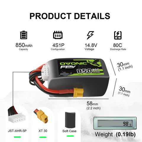 4x Ovonic 4S Lipo Battery 850mah 4S1P 80C 14.8V Lipo Battery Pack with XT30 Plug for 3-5inch Cinewhoop Cinematic Toothpick Long Range FPV Racing Freestyle Drone