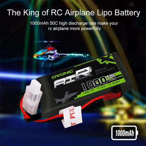 [2 Packs]  Ovonic 2S Lipo Battery Pack 1000mAh 50C 7.4V with JST Plug for RC helicopter - Ampow